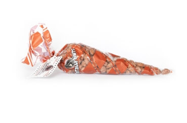 7 oz of fresh roasted, crunchy cinnamon glazed almonds inside a red and clear Totally Nutz polycone bag
