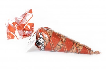 14 oz of fresh roasted, crunchy cinnamon glazed almonds inside a red and clear Totally Nutz polycone bag