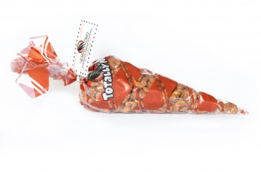14 oz of freshly roasted cinnamon glazed cashews in a totally nutz poly bag, snack bag of cashews